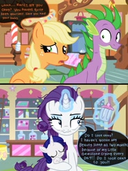 Size: 2048x2732 | Tagged: safe, artist:justsomepainter11, imported from derpibooru, applejack, rarity, spike, oc, oc:gemstone, dragon, earth pony, pony, unicorn, baby bottle, comic, dialogue, offspring, older, older spike, parent:fancypants, parent:rarity, parents:raripants, show accurate