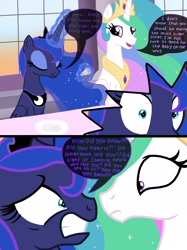 Size: 2048x2732 | Tagged: safe, artist:justsomepainter11, imported from derpibooru, princess celestia, princess luna, alicorn, comic, dialogue, eating, looking at each other, pregnant, royal sisters, show accurate, siblings, sisters