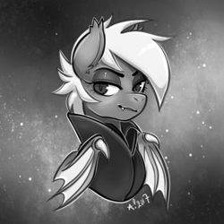 Size: 700x700 | Tagged: safe, artist:stardrawsponies, imported from derpibooru, oc, oc only, oc:snow drift, bat pony, bat pony oc, bust, clothes, fangs, female, grayscale, looking at you, mare, monochrome, solo