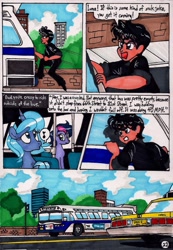 Size: 1381x1993 | Tagged: safe, artist:newyorkx3, imported from derpibooru, princess luna, oc, oc:tommy, human, comic:young days, bus, car, chevrolet caprice, comic, dialogue, gm new look, manehattan, music notes, s1 luna, taxi, traditional art