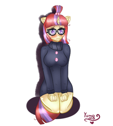 Size: 560x622 | Tagged: safe, artist:yumomochan, imported from derpibooru, moondancer, anthro, blushing, bottomless, clothes, female, glasses, looking at you, partial nudity, signature, simple background, solo, white background