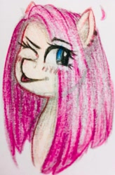 Size: 747x1136 | Tagged: safe, artist:dmagine, imported from derpibooru, pinkie pie, pony, bust, female, one eye closed, pinkamena diane pie, portrait, solo, tongue out, traditional art, wink