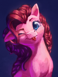 Size: 2560x3352 | Tagged: safe, artist:terrafomer, imported from derpibooru, pinkie pie, earth pony, pony, ;p, blue background, female, high res, looking at you, mare, one ear down, one eye closed, simple background, solo, tongue out, wink