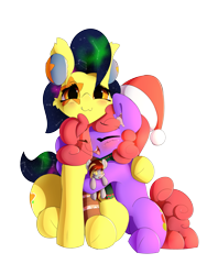 Size: 2840x3771 | Tagged: safe, artist:n0nnny, imported from derpibooru, oc, oc only, oc:mixi creamstar, oc:tinker toy, oc:violet patronage, earth pony, pegasus, pony, 2018 community collab, derpibooru community collaboration, :p, blushing, clothes, galaxy mane, hat, hug, open mouth, plushie, scarf, silly, simple background, teeth, tongue out, toy, transparent background, viostar