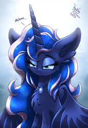 Size: 900x1300 | Tagged: safe, artist:joakaha, imported from derpibooru, princess luna, alicorn, pony, alternate hairstyle, big ears, chest fluff, ear fluff, female, fluffy, lidded eyes, long mane, mare, missing accessory, sleepy, solo