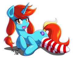 Size: 2700x2069 | Tagged: safe, artist:danmakuman, imported from derpibooru, oc, oc only, oc:armored star, pony, unicorn, clothes, female, mare, simple background, smiling, socks, solo, stockings, striped socks, thigh highs, transparent background