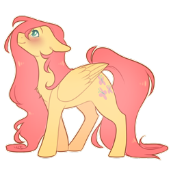 Size: 1024x1024 | Tagged: safe, artist:snowolive, imported from derpibooru, fluttershy, pegasus, pony, female, floppy ears, folded wings, looking away, looking up, mare, profile, simple background, smiling, solo, standing, transparent background, wings