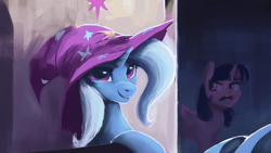 Size: 1920x1080 | Tagged: safe, artist:hierozaki, imported from derpibooru, trixie, twilight sparkle, alicorn, pony, unicorn, clothes, duo, female, friendship throne, hat, looking at you, mare, open mouth, smiling, solo focus, throne, trixie's hat, twilight is not amused, twilight sparkle (alicorn), twilight sparkle is not amused, unamused