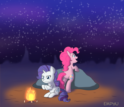 Size: 1000x867 | Tagged: safe, artist:empyu, imported from derpibooru, pinkie pie, rarity, earth pony, pony, unicorn, the last roundup, campfire, duo, female, fire, mare, night, night sky, sky, smiling, starry night, stars, unamused
