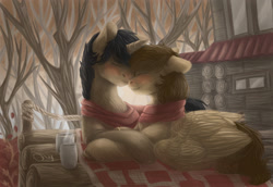 Size: 2916x2004 | Tagged: artist needed, safe, artist:voxest, imported from derpibooru, oc, oc only, oc:aegis aurora, oc:harmony inkwell, pegasus, pony, unicorn, autumn, blushing, clothes, female, harmogis, horn, husband and wife, love, male, pegasus oc, romantic, scarf, unicorn oc