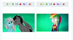 Size: 480x266 | Tagged: safe, artist:melodytheartpony, edit, edited screencap, imported from derpibooru, screencap, rainbow dash, oc, pegasus, pony, derpibooru, eqg summertime shorts, equestria girls, raise this roof, blushing, fall formal outfits, female, juxtaposition, meta