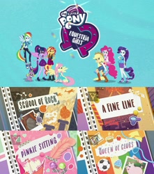 Size: 1698x1920 | Tagged: safe, imported from derpibooru, applejack, fluttershy, pinkie pie, rainbow dash, rarity, sci-twi, spike, spike the regular dog, sunset shimmer, twilight sparkle, ammonite, bird, dinosaur, dog, a fine line, a queen of clubs, equestria girls, equestria girls series, pinkie sitting, school of rock, bone, cave painting, column, converse, dodo, eqg series (season 1), equestria girls logo, fossil, humane five, humane seven, humane six, rarity peplum dress, shoes, skull, title card