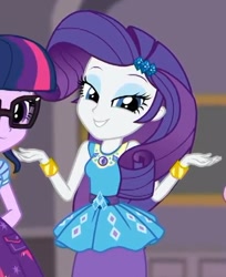 Size: 408x501 | Tagged: safe, imported from derpibooru, screencap, rarity, sci-twi, twilight sparkle, equestria girls, equestria girls series, school of rock, cropped, female, geode of shielding, rarity peplum dress, shrug