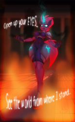 Size: 3060x4958 | Tagged: safe, artist:lil miss jay, imported from derpibooru, fizzlepop berrytwist, tempest shadow, anthro, unguligrade anthro, my little pony: the movie, breasts, broken horn, busty tempest shadow, clothes, curvy, dialogue, eye scar, female, fire, gloves, glowing horn, horn, hourglass figure, open up your eyes, overkill, scar, scene interpretation, solo, sparking horn, stupid sexy tempest shadow, thick, wide hips