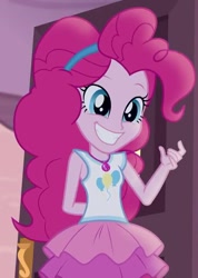 Size: 514x720 | Tagged: safe, imported from derpibooru, screencap, pinkie pie, equestria girls, equestria girls series, pinkie sitting, clothes, cropped, cute, female, geode of sugar bombs, hairband, rah rah skirt, skirt, smiling