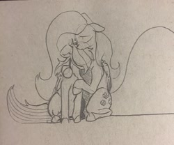 Size: 1280x1063 | Tagged: safe, artist:greyscaleart, imported from derpibooru, fluttershy, rainbow dash, pegasus, pony, comforting, female, floppy ears, hug, mare, monochrome, sitting, traditional art