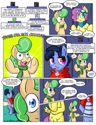 Size: 1280x1656 | Tagged: safe, artist:zanezandell, imported from derpibooru, oc, oc only, oc:krabby, oc:sugarbolt, oc:truffle mint, pony, comic:cmcnext, ascot, ask, bipedal, camera shy, cape, clothes, cmcnext, colt, comic, eyelid, goggles, male, nervous, pointing, scarf, shirt, sweat, tumblr