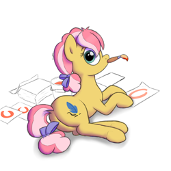 Size: 1024x1024 | Tagged: safe, artist:nugakku, imported from derpibooru, kettle corn, earth pony, pony, marks and recreation, bow, bucket, butt, circle, circle painting, color, cute, cutie mark, drawing, female, filly, foal, lying, mouth hold, paintbrush, painting, plot, prone, simple background, solo, that pony sure does love circles, white background