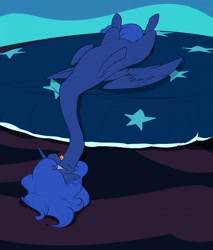 Size: 1089x1280 | Tagged: safe, artist:astr0zone, imported from derpibooru, princess luna, bed, female, impossibly long neck, long neck, messy mane, necc, princess luneck, sibling rivalry, sleeping, solo, spread wings, tongue out, wings