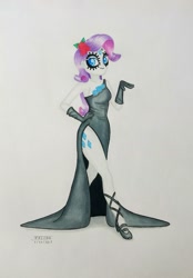 Size: 1291x1851 | Tagged: safe, artist:marcofalcon1, imported from derpibooru, rarity, equestria girls, clothes, cutie mark, cutie mark on equestria girl, dia de los muertos, dress, female, side slit, solo, traditional art