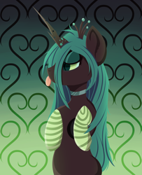 Size: 1626x2000 | Tagged: safe, artist:hyenapocalypse, imported from derpibooru, queen chrysalis, changeling, changeling queen, bipedal, clothes, female, lidded eyes, profile, socks, solo, striped socks, tongue out