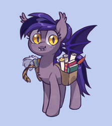 Size: 900x1010 | Tagged: safe, artist:dawnfire, imported from derpibooru, oc, oc only, oc:inky, bat pony, pony, blue background, book, chest fluff, fangs, female, mare, saddle bag, simple background, smiling, solo