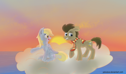 Size: 5000x2940 | Tagged: safe, artist:pzkratzer, imported from derpibooru, derpy hooves, doctor whooves, time turner, pegasus, pony, acrophobia, cloud, cloudy, doctorderpy, female, male, ocean, open mouth, scared, shipping, straight, sunset