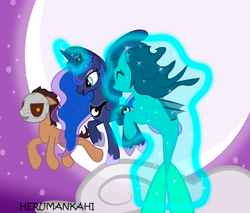 Size: 1010x860 | Tagged: safe, artist:herumankahi, imported from derpibooru, princess luna, oc, oc:estevangel, oc:silvernaqua, aquapony, mermaid, merpony, seapony (g4), lunar republic, silvangel