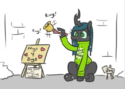 Size: 792x560 | Tagged: safe, artist:jargon scott, imported from derpibooru, queen chrysalis, changeling, changeling queen, bell, clothes, cute, cutealis, female, hole, hugs 4 bugs, sign, sitting, smiling, solo, sweater, weapons-grade cute