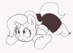 Size: 1280x922 | Tagged: safe, artist:pabbley, imported from derpibooru, trixie, pony, unicorn, clothes, female, mare, monochrome, simple background, solo, sweat, tired