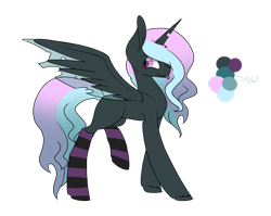 Size: 1024x817 | Tagged: safe, artist:cyrinthia, imported from derpibooru, oc, oc only, oc:chrysselia, changepony, pony, clothes, female, magical lesbian spawn, mare, offspring, parent:princess celestia, parent:queen chrysalis, parents:chryslestia, reference sheet, simple background, socks, solo, striped socks, tongue out, transparent background