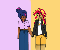 Size: 1738x1448 | Tagged: safe, artist:furawachan, imported from derpibooru, sci-twi, sunset shimmer, twilight sparkle, equestria girls, dark skin, eyes closed, female, heart, holding hands, human coloration, lesbian, scitwishimmer, shipping, smiling, sunsetsparkle