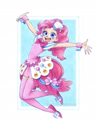 Size: 1573x2030 | Tagged: safe, artist:chihirohowe, deleted from derpibooru, imported from derpibooru, pinkie pie, human, bow, clothes, dress, female, gala dress, humanized, jumping, looking at you, marker drawing, open mouth, simple background, smiling, solo, traditional art