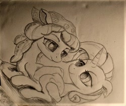 Size: 596x504 | Tagged: safe, artist:ponsce, imported from derpibooru, rarity, tree hugger, pony, crack shipping, female, lesbian, monochrome, prone, rarihugger, shipping, sketch, traditional art