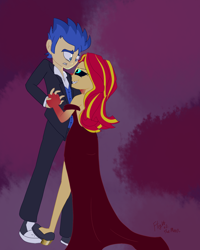 Size: 1200x1500 | Tagged: safe, artist:flight-of-the-moon, deleted from derpibooru, imported from derpibooru, flash sentry, sunset shimmer, equestria girls, clothes, dress, female, glowing eyes, grin, high heels, holding hands, male, scared, shoes, smiling, sunset satan, tuxedo