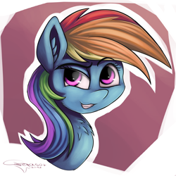 Size: 3000x3000 | Tagged: safe, artist:ferasor, imported from derpibooru, rainbow dash, pony, bust, female, mare, multicolored hair, portrait, signature, simple background, solo, white background