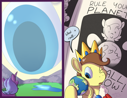 Size: 900x700 | Tagged: safe, artist:goat train, imported from derpibooru, oc, oc only, oc:tomson, pony, unicorn, commission, crown, dialogue, giant eye in the sky, giant pony, jewelry, macro, male, planet, pony bigger than a planet