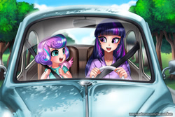 Size: 1100x733 | Tagged: safe, artist:racoonsan, imported from derpibooru, princess flurry heart, twilight sparkle, human, :d, aunt, aunt and niece, auntie twilight, backpack, best aunt ever, blushing, car, clothes, cute, daaaaaaaaaaaw, dawwww, driving, duo, eyeshadow, female, flurrybetes, happy, humanized, looking at each other, makeup, niece, older, older flurry heart, open mouth, racoonsan is trying to murder us, sitting, smiling, twiabetes, twilight is bae, twilight sparkle (alicorn), vehicle, volkswagen, volkswagen beetle, weapons-grade cute, wings