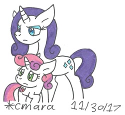 Size: 738x678 | Tagged: safe, artist:cmara, imported from derpibooru, rarity, sweetie belle, female, sisters, traditional art