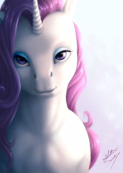 Size: 1637x2315 | Tagged: safe, artist:bluespaceling, imported from derpibooru, rarity, pony, unicorn, bedroom eyes, bust, female, mare, portrait, realistic, solo, uncanny valley