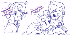 Size: 6000x3000 | Tagged: safe, artist:dilarus, deleted from derpibooru, imported from derpibooru, applejack, rarity, earth pony, pony, unicorn, body freckles, cowboy hat, duo, female, freckles, hat, looking back, mare, monochrome, simple background, sketch, speech bubble, stetson, surprised, that pony sure does love freckles, white background