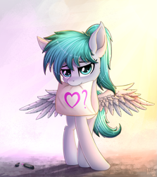 Size: 1145x1286 | Tagged: safe, artist:atlas-66, imported from derpibooru, oc, oc only, oc:lucid mirage, pegasus, pony, aeroverse, female, heart, lidded eyes, looking at you, mare, mouth hold, spread wings, wings