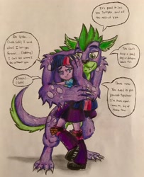 Size: 2681x3294 | Tagged: safe, artist:bozzerkazooers, imported from derpibooru, spike, twilight sparkle, dog, werewolf, equestria girls, beast, clothes, crying, dialogue, hug, smiling, spike the dog, tears of joy, traditional art