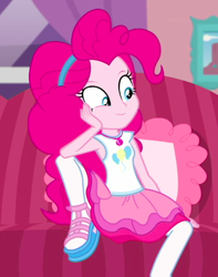 Size: 548x695 | Tagged: safe, imported from derpibooru, screencap, pinkie pie, equestria girls, equestria girls series, pinkie sitting, clothes, cropped, cute, female, hairband, pantyhose, shoes, skirt, solo