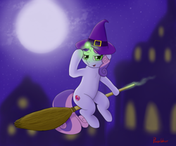 Size: 1800x1500 | Tagged: safe, artist:ponyxwright, imported from derpibooru, sweetie belle, pony, unicorn, broom, female, flying, flying broomstick, full moon, glowing horn, halloween, hat, holiday, magic, moon, nightmare night, solo, witch hat