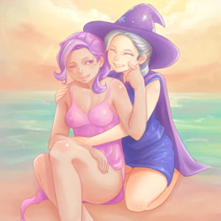 Size: 1200x1200 | Tagged: safe, artist:ninjaham, imported from derpibooru, starlight glimmer, trixie, human, beach, breasts, cleavage, clothes, cute, female, humanized, lesbian, shipping, startrix, swimsuit