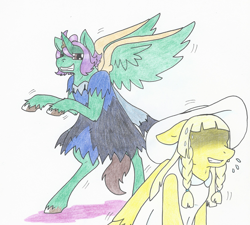 Size: 2397x2153 | Tagged: safe, artist:taibu-kettu, imported from derpibooru, oc, oc only, oc:frost d. tart, oc:golden lily, alicorn, pegasus, acerola, alicorn oc, bipedal, blank face, brother and sister, clothes, cosplay, costume, crossdressing, crossover, female, lillie, male, name pun, pokémon, pokémon sun and moon, smiling, smirk, sweat, sweatdrops