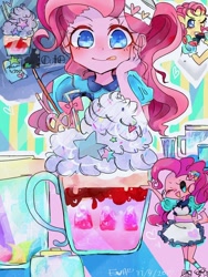 Size: 960x1280 | Tagged: safe, artist:naginiko, imported from derpibooru, pinkie pie, coinky-dink world, eqg summertime shorts, equestria girls, clothes, cute, cutie mark on clothes, diapinkes, dress, female, food, ice cream, one eye closed, open mouth, pixiv, server pinkie pie, smiling, solo, tongue out