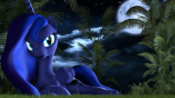 Size: 1200x675 | Tagged: safe, artist:loveslove, imported from derpibooru, princess luna, alicorn, pony, 3d, cloud, cutie mark, female, mare, moon, night, solo, source filmmaker