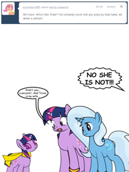 Size: 600x799 | Tagged: safe, artist:dekomaru, imported from derpibooru, trixie, twilight sparkle, tumblr:ask twixie, ask, cropped, female, lesbian, self ponidox, shipping, tumblr, twixie